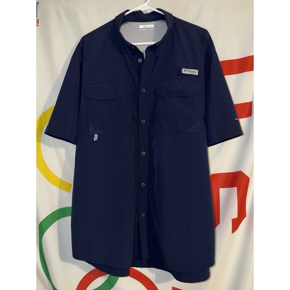 Columbia PFG Button Up Shirt Mens XL Blue Short Sleeve Vented Fishing